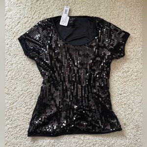 NEW AUGUST SILK TOP BLACK SEQUINS shirt top short sleeve small petite